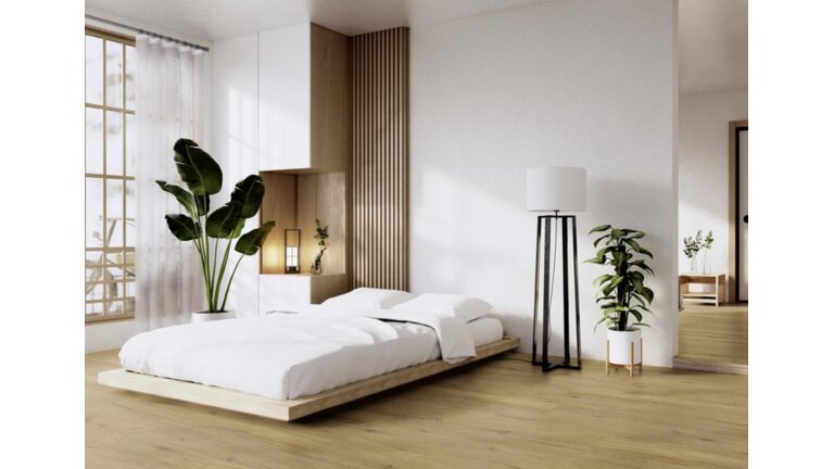 Raumbild Schlafzimmer mit click Designboden solidLock silent Multilayer in der Variante Prime Oak Rustic 5040 | © Repac Montagetechnik GmbH & Co. KG